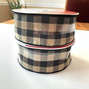 2 Celebrate It Christmas Plaid Buffalo Black Tan Wired Jumbo Ribbon 2.5 in New